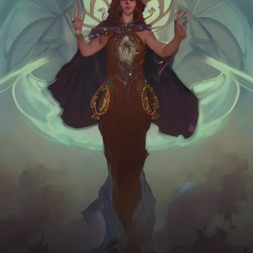 Image similar to raging female warlock magic powers floating in air feather cape electric eyes character concept art, by Peter Mohrbacher, Alphonse Mucha, by Marek Madej, 8k, trending on artstation, unreal engine 4k, detailed, full shot, symmetrical portrait, sophisticated, Unreal engine