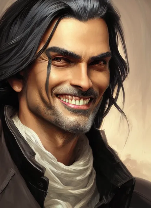 Image similar to Close-up portrait of tanned evil male alchemist with long black greying slicked hair, unsettling grin, trench coat with many pockets, portrait, highly detailed, digital painting, artstation, concept art, sharp focus, illustration, art by artgerm and greg rutkowski and alphonse mucha