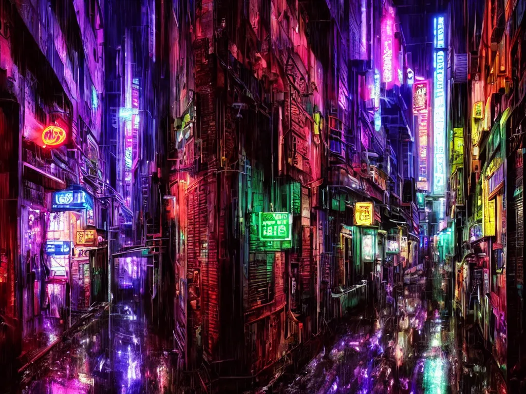 Prompt: cyberpunk city at night, neon lit alleyway, rain, light and shadows
