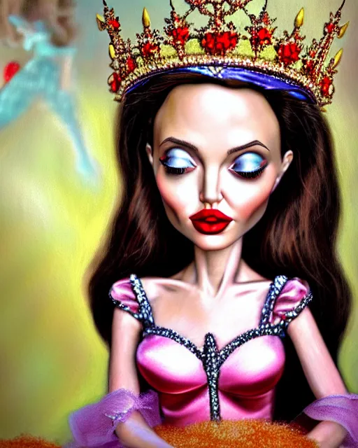 Image similar to closeup profile portrait of a tin toy angelina jolie as a fairytale princess wearing a crown and sitting on a throne, bikini, hyper realistic, artstation, illustration, nicoletta ceccoli, mark ryden, lostfish, max fleischer, digital paint, matte paint, vivid colors, bright, cheerful, detailed and intricate environment