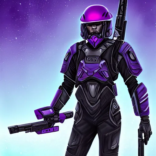 Image similar to vanu soldier, tall, helmet, purple and black clothes, heavy gun, full body, full portrait