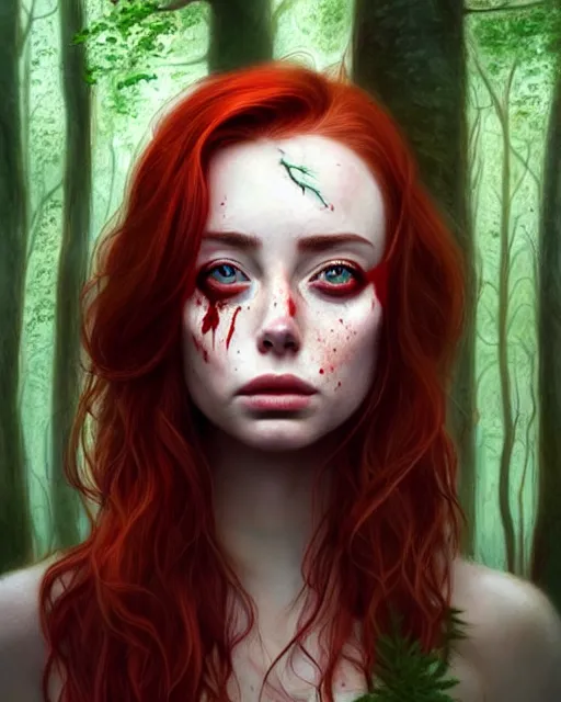 Prompt: surrounded by trees, realistic character concept, gorgeous Kacey Rohl, red hair, small freckles, symmetrical face, symmetrical eyes, full body, covered in blood, dark forest, trees, shorter neck, cinematic lighting, Joshua Middleton and artgerm, fear anxiety terror