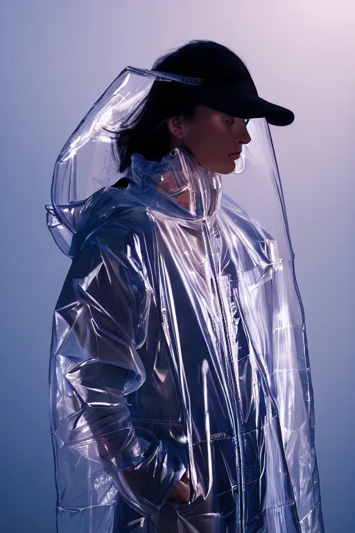 Image similar to an ultra high definition professional high fashion portrait studio full length photograph of a model wearing a transparent pearlescent raincoat and neon visor in an icelandic black rock environment at dawn. no artefacts. extremely detailed. stark. refraction. shallow depth of field. volumetric light and shadow. ray tracing. light rays.