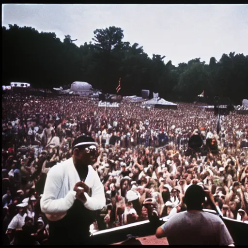 Image similar to public enemy the hip hop group playing at woodstock 1969 on stage