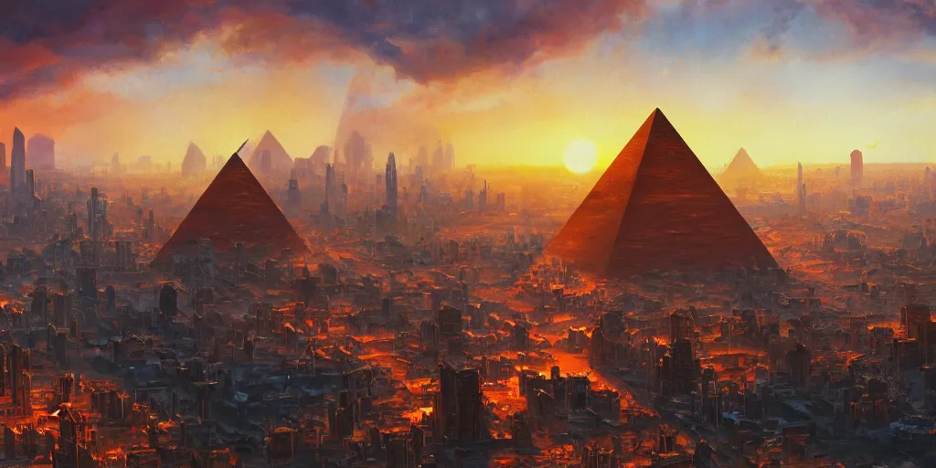 Image similar to an oil painting of a city with one pyramid in the center and walls that surround the city and a dark red sun, fantasy,hyper realistic, atmospheric lighting, cinematic, 8k,