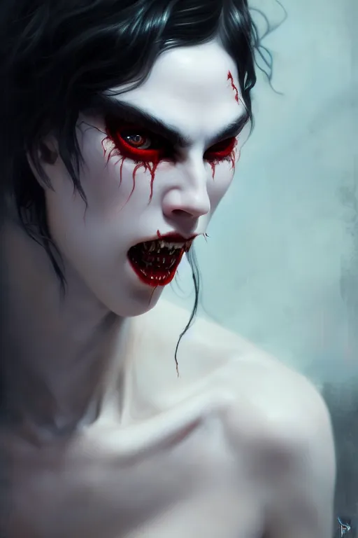 Image similar to a portrait of a sharp fang white pale skin devil with black eyes by karol bak, james jean, tom bagshaw, rococo, sharp focus, trending on artstation, cinematic lighting, hyper realism, octane render, 8 k, hyper detailed, vivid, ultra detailed, highly detailed