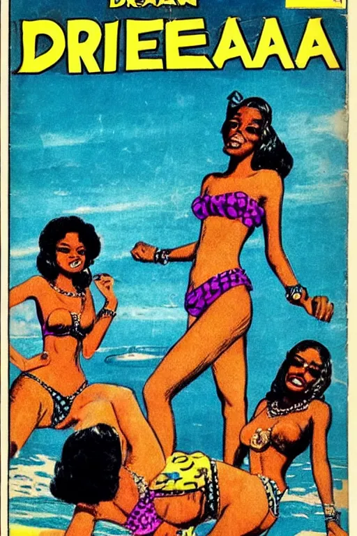 Prompt: !dream african bikini girls, vintage 70s comic cover