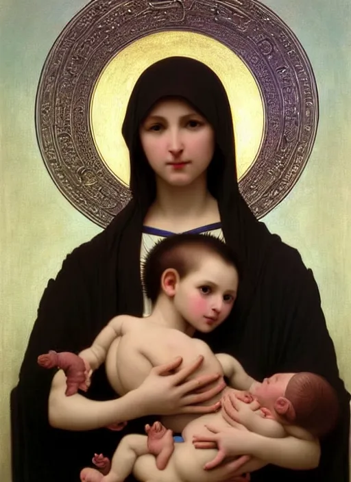 Image similar to realistic detailed 8k photo of futuristic holy cyborg-robotic-mother holding a newborn baby child in hands by Raphael Santi, William-Adolphe Bouguereau, orthodox icon Neo-Gothic, gothic, rich deep colors. masterpiece, intricate artwork by Tooth Wu and wlop and beeple, greg rutkowski. still from a 2021 movie by Terrence Malick, Tarkovsky, Gaspar Noe, James Cameron,