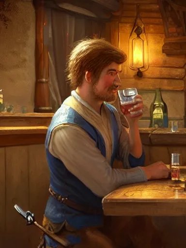 Prompt: a young handsome guy, drinking beer in a tavern. intricate, elegant, highly detailed, digital painting, artstation, concept art, sharp focus, illustration, by justin gerard and artgerm, 8 k