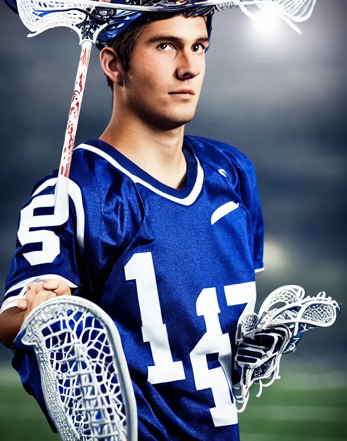 Image similar to closeup portrait of very beautiful cute male lacrosse player wearing a cascade xrs lacrosse helmet in a penn state stadium, glamour pose, particle effects, backlit, highly detailed, soft ambient lighting, sharp focus, rule of thirds, artgerm, wlop, arney freytag, rossdraws, frank frazetta, andrei riabovitchev, hd, octane, 4 k