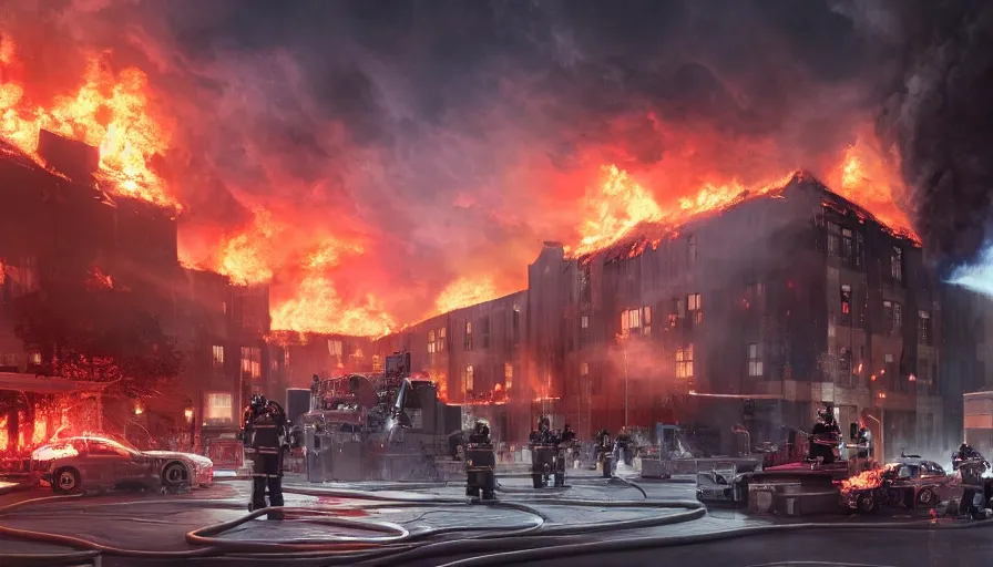 Prompt: A detailed render of a scene of Fire and explosions at the 3rd precinct in Minneapolis on fire, sci-fi concept art, lots of fire, dark, clouds, 8k, high detail, advanced rendering whimsically designed art, 4k post-processing highly detailed, Soft illumination