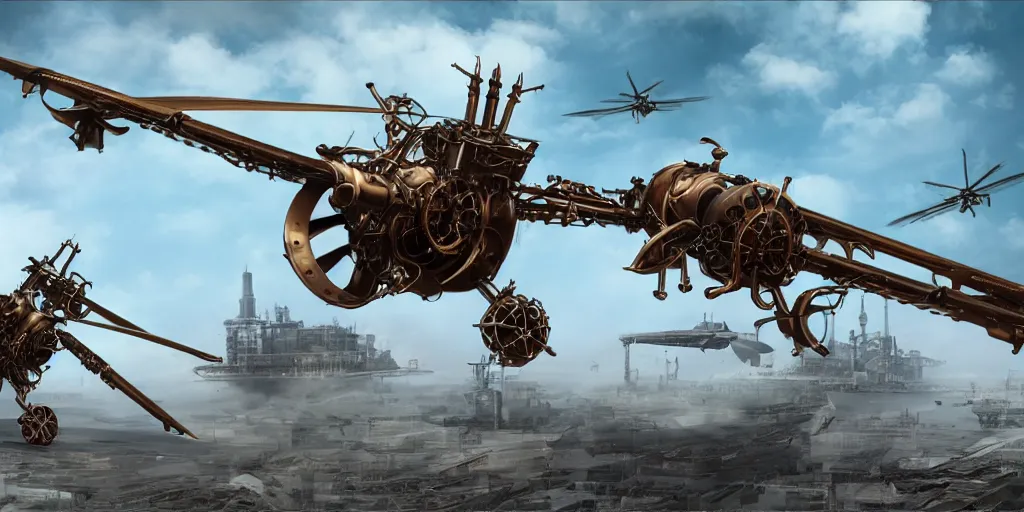 Prompt: steampunk attack helicopters, concept art, industrial design, detailed, 8 k, realistic, octane render, detailed cogwheels, smooth curves, azure sky