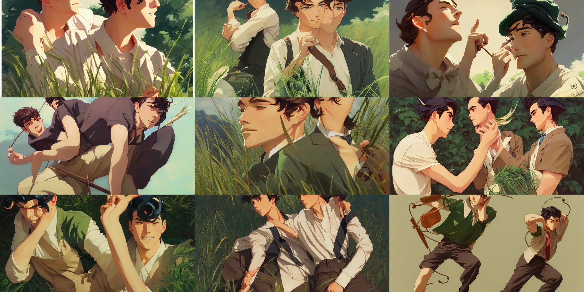 Prompt: grass, attractive male, in the style of studio ghibli, j. c. leyendecker, greg rutkowski, artgerm