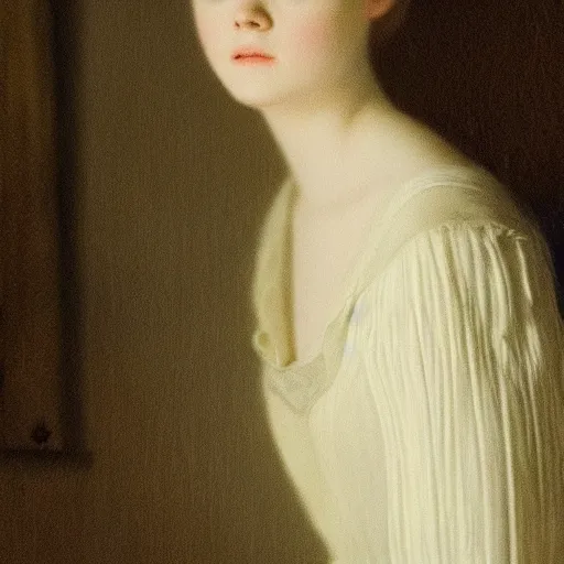 Prompt: Elle Fanning walks at night by Dutch romantic painter Petrus van Schendel