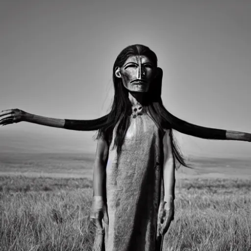 Prompt: steppe people raider elongated cranium protester face style photo black and white wide angle lense