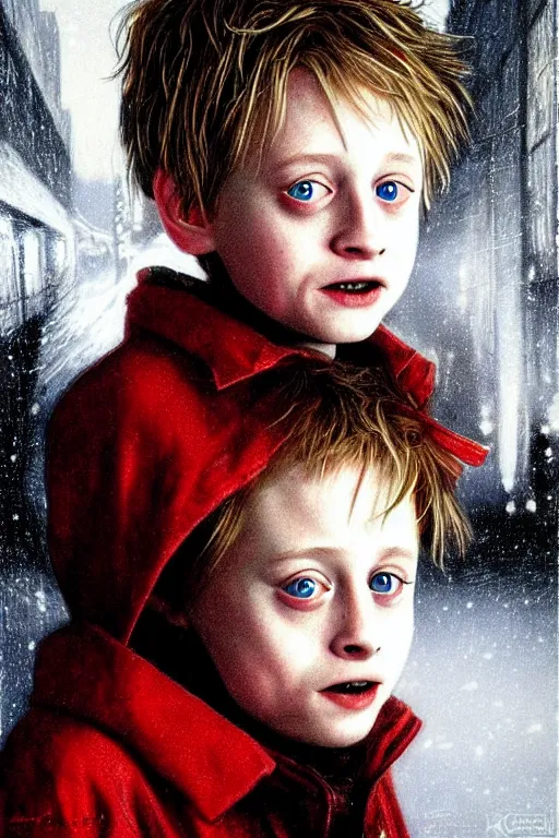 Image similar to realistic portrait beautiful concept art of home alone 2 movie scene when little macaulay culkin turns into cyborg. horror, created by gustave dore and greg rutkowski, high detailed, smooth draw, synthwave neon retro, intricate, trending on artstation.