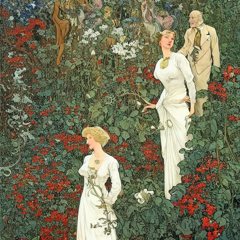 Image similar to A woman stands back in a white dress, blonde with red lips, she is wrapped in ivy and flowers, next to her is a robot man Anton Pieck,Jean Delville, Amano,Yves Tanguy, Alphonse Mucha, Ernst Haeckel, Edward Robert Hughes,Stanisław Szukalski and Roger Dean