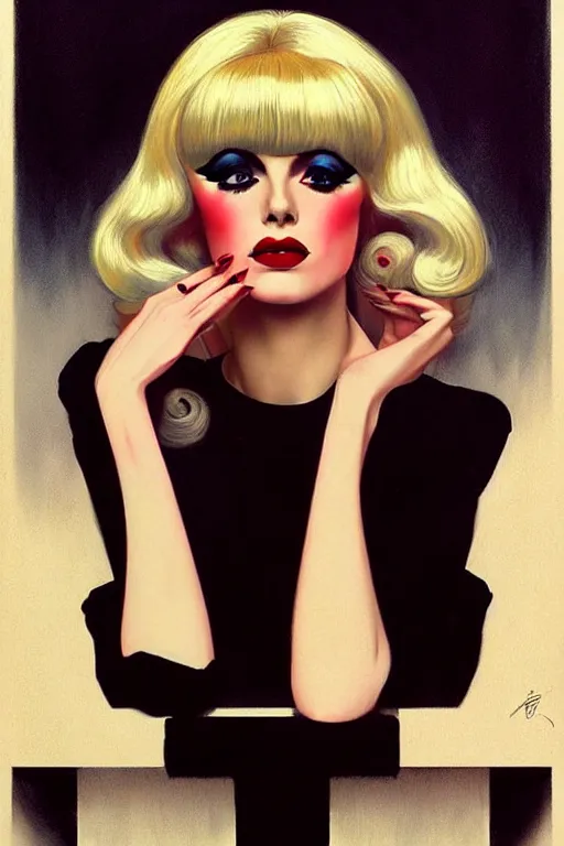 Image similar to portrait 1 9 6 0 s elegant blonde beautiful mod girl, long straight 6 0 s hair with bangs, wearing velvet, vampire, glam, groovy, by brom, tom bagshaw, sargent