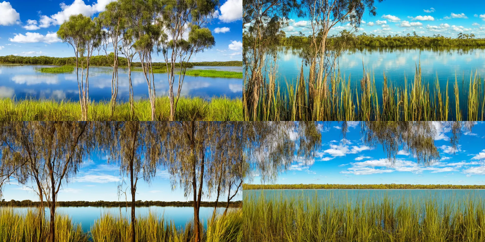 Prompt: Beautiful still lake surrounded by reeds, australia, native trees in background, lime colored plants in foreground, blue sky with clouds, photography, 4k, wallpaper