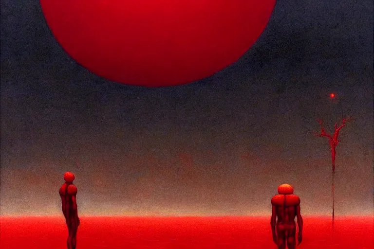 Image similar to only with red, a red god of death eat apple, a futuristic city on mars in background, floor are worms, in the style of beksinski, part by hopper, part by rodcenko, part by hofbauer, intricate composition, red by caravaggio, insanely quality, highly detailed, masterpiece, red light, artstation