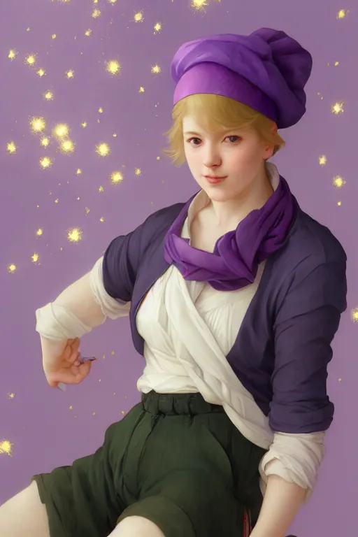 Image similar to Full View girl with short blond hair wearing an oversized purple Beret, Baggy Purple overall shorts, Short Puffy pants made of silk, silk shoes, a big billowy scarf, Golden Ribbon, and white leggings Covered in stars. Short Hair. masterpiece 4k digital illustration by Ruan Jia and Mandy Jurgens and Artgerm and william-adolphe bouguereau, award winning, Artstation, art nouveau aesthetic, Alphonse Mucha background, intricate details, realistic, panoramic view, Hyperdetailed, 8k resolution, intricate art nouveau