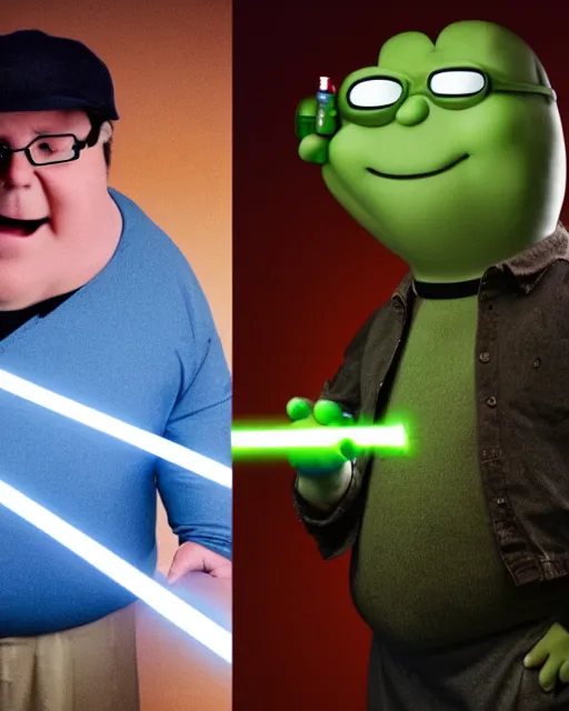 Image similar to Studio Photograph of a real life Peter Griffin from Family Guy dressed as Han Solo and Holding a glowing light saber, while standing next to him is the Alien Greedo holding a blaster gun, both photographed in the Style of Annie Leibovitz,