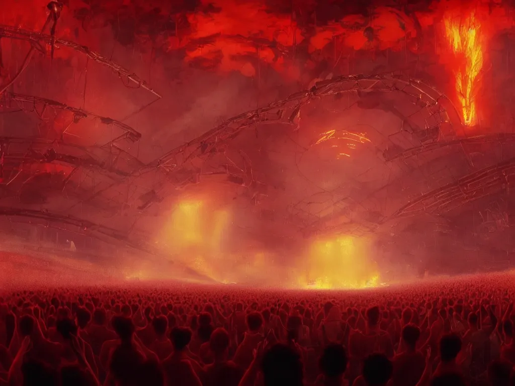 Prompt: live concert footage still of a glam concert in a fiery hell, contrast, stage lighting, pyrotechnics, ghibli animated film, volumetric lighting, octane render by stanley artgerm lau, greg rutkowski, thomas kindkade, alphonse mucha, loish, norman rockwel,