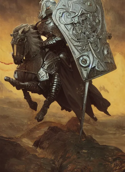 Image similar to gary busey as knight in armour, dynamic action, by lawrence alma - tadema and zdzislaw beksinski and norman rockwell and jack kirby and tom lovell and greg staples, artstation creature art