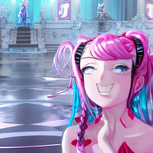 Prompt: trapped by stunningly beautiful omnipotent megalomaniacal anime asi goddess who looks like junko enoshima with symmetrical perfect face and porcelain skin, pink twintail hair and cyan eyes, taking control while smiling, inside her surreal vr castle, hyperdetailed, digital art from danganronpa, unreal engine 5, 2 d anime style, 8 k