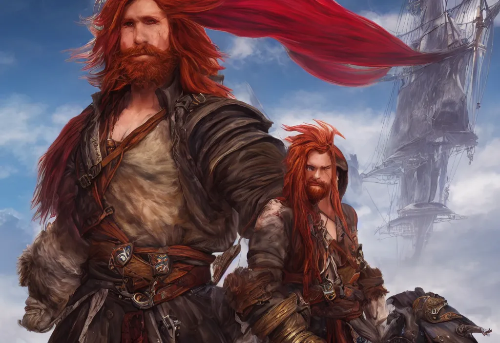 Prompt: character sheet : an epic fantasy comic book style portrait painting of a long haired, red headed male sky - pirate in front of an airship, unreal 5, daz, hyperrealistic, octane render, cosplay, rpg portrait, dynamic lighting