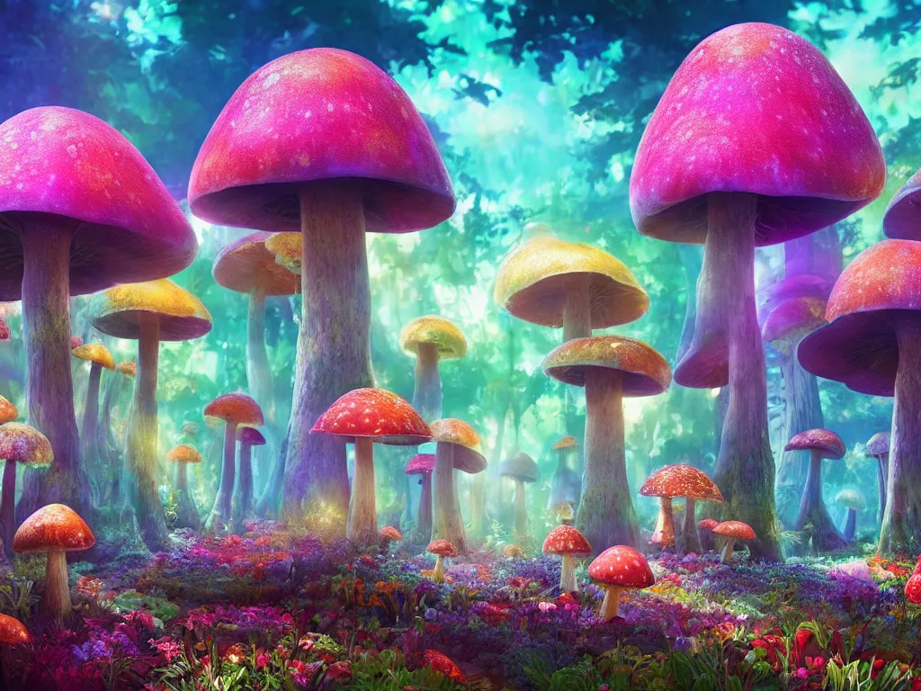 Image similar to a beautiful otherworldly fantasy landscape of giant luminous mushroom trees forming canopies over bright colorful mythical sprouted floral plants and colorful foliage on the ground, like alice in wonderland, extreme detail, studio ghibli and pixar and abzu, rendering, cryengine, deep color, vray render, cinema 4 d, cgsociety, bioluminescent