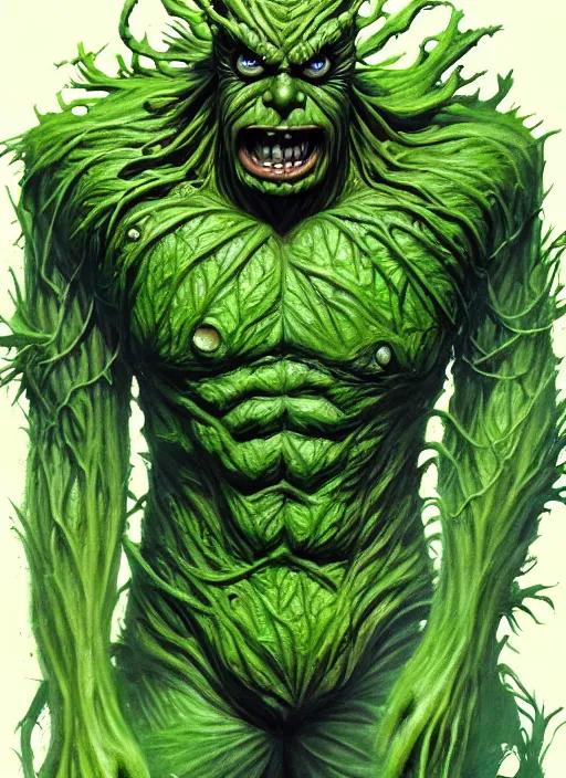 Image similar to grotesque portrait of swamp thing from vertigo imprint, artstation, cartoon, elegant, highly detailed, digital painting, masterpiece art by ghibli!, makoto shinkai!, bluth!, fujita goro!, giraud!, ghailan!, akihiko yoshida!, fadeev! 8 k