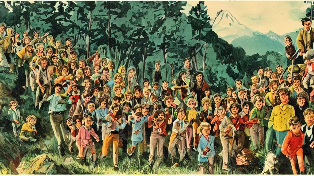 Prompt: A vintage scientific illustration from the 1970s of the Pied Piper luring hundreds of children up a hill while playing his pipe by Wes Anderson