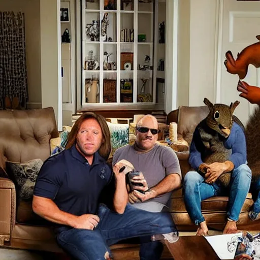 Prompt: alex jones and squirrel squad in living room drinking modelos