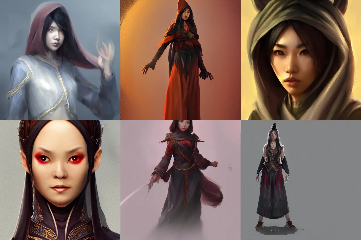 Prompt: female asian sorcerer culottes, far portrait, concept art, matte painting, masterpiece, artstation, cgsociety