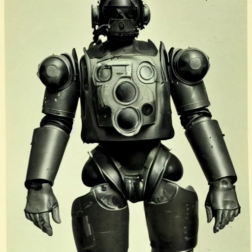 Image similar to war photography usa nuclear fission powered t - 5 1 b power armor 1 9 5 0 s