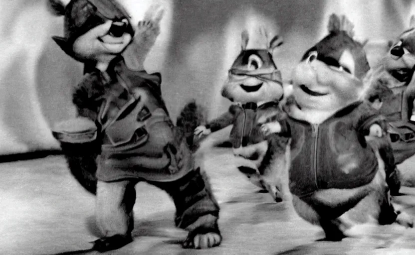 Prompt: Alvin in the chipmunks during World War II, grainy black and white photo