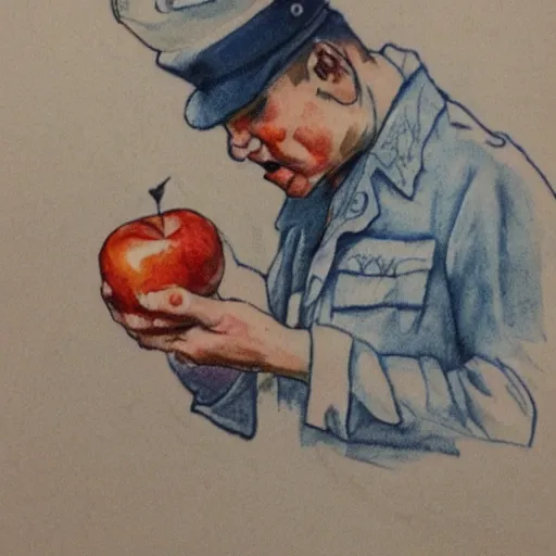 Image similar to a old tattoo of a sailor from the 1 9 4 0 s eating a honeycrisp apple, blues and whites, sketching, watercolor, color restoration, high quality