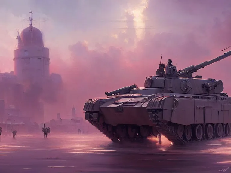 Image similar to city of syzran!!!, militaristic!!!, romantic!!!, hyperrealistic, highly detailed, cinematic, pink sunlight!, beautiful, cgssociety, artstation, 8 k, oil painting by greg rutkowski, by artgerm, by wlop