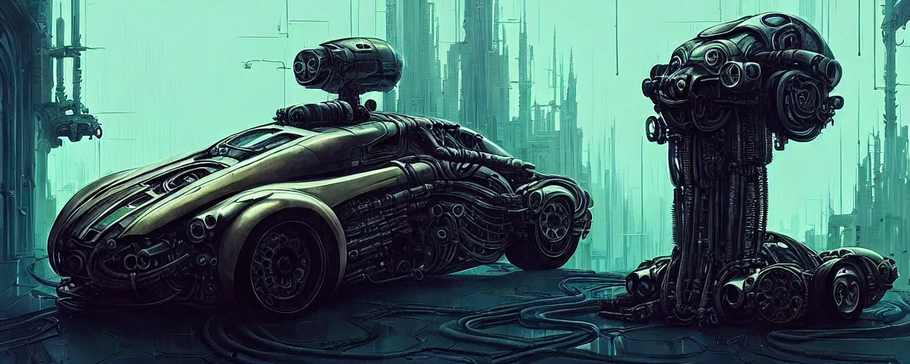 Image similar to shiny cyberpunk vehicle reminiscent of fast car with robotic enhancements parked in ancient mystic woods, gothic and baroque, brutalist architecture, ultradetailed, creepy ambiance, fog, artgerm, giger, Intricate by Ellen Jewett and Josan Gonzalez and Giuseppe Arcimboldo