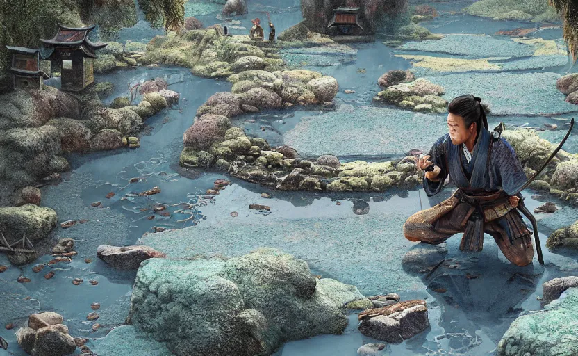 Prompt: highly detailed digital illustration of samurai kneeling in the blue puddle in old, ruined, japanese village from sengoku period, surrounded by the sea, with dark rocks, cinematic lighting, photobash, raytracing, volumetric lighting