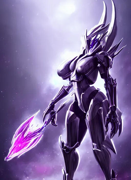 Image similar to cinematic, hyperdetailed elegant beautiful stunning giantess anthropomorphic mecha hot female dragon goddess, sharp spines, sharp metal ears, smooth purple eyes, smooth fuschia skin, silver armor, bigger than galaxy, epic proportions, epic scale, macro giantess, warframe, destiny, furry, dragon art, goddess art, giantess art, furaffinity, octane