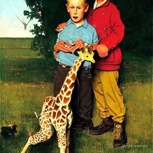 Image similar to a Norman Rockwell painting of a boy and his pet giraffe