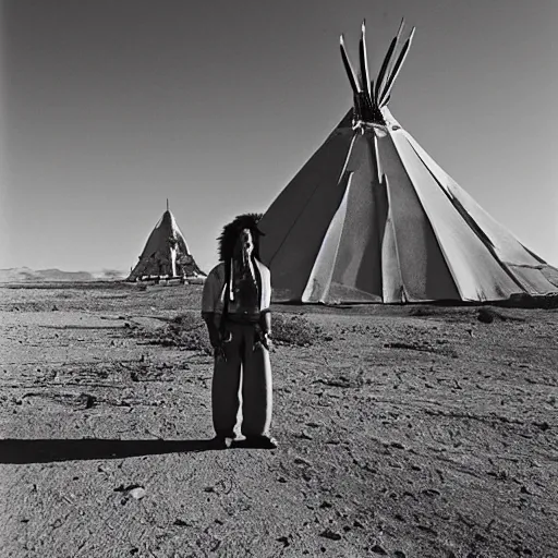 Image similar to portrait of Iroquois warrior standing next to the space ship shuttle crashed in the desert,Indian tipis in the background, black and white old photo, vintage