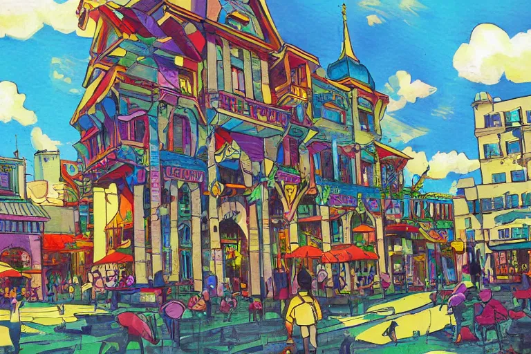 Image similar to townsquare in a sunny day, artwork by tooth wu, colorful high contrast, very coherent, dark shadow, thick lineart