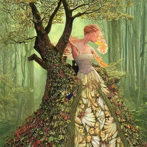 Prompt: a beautiful, detailed, intricate painting of a fairy with a dress full of pockets, in a tree, by james c. christensen