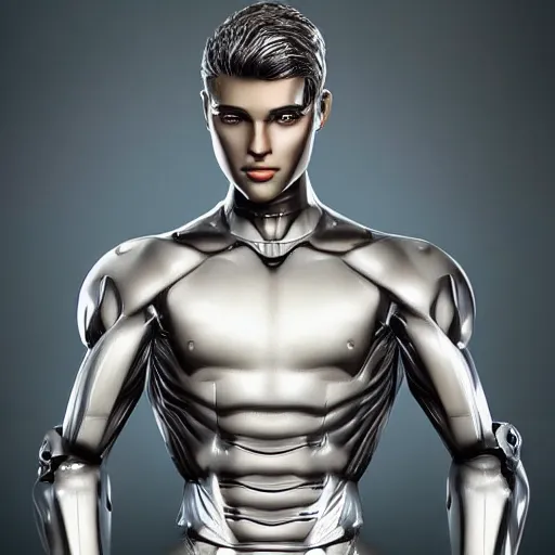 Image similar to a realistic detailed photo of a guy who is an attractive humanoid who is half robot and half humanoid, who is a male android, attractive and handsome soccer players, shiny skin, posing like a statue, blank stare, in a factory, on display, showing off his muscles, wearing soccer shorts, side view, looking at each other mindlessly