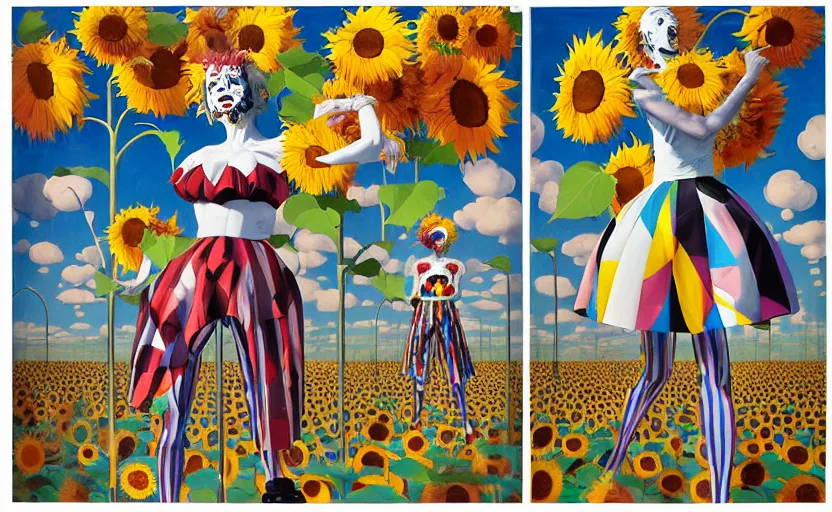 Prompt: decollage painting struggling clowns on stilts walk through a field of sunflowers by adrian ghenie and takato yamamoto and edward hopper and mark ryden and tsutomu nihei, part by bridget riley, acrylic pour and splashing paint, very coherent, baroque elements, perfect anatomy, intricate design. pop art.