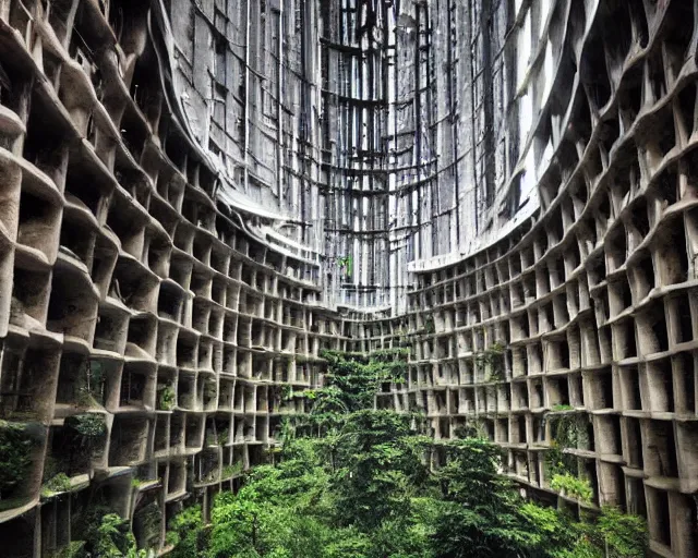 Prompt: amazing architecture, forest brutalism style, mix of paganism and cyberpunk, real structures, architectural genius, wow