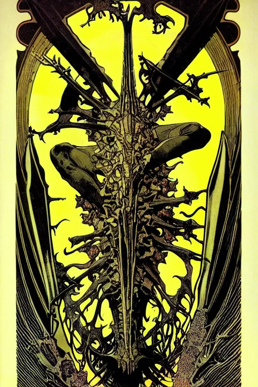 Image similar to black and yellow flat color risoprint, alphonse mucha, richard corben, wayne barlowe, moebius, heavy metal comic cover art, psychedelic triangular skeletal calcification fungus lich in darkiron spike armor, full body, hollow eyes, symmetrical face, long black crown, in a dungeon background, moody dark colors